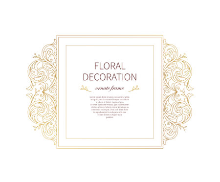 Floral gold frame, decoration, vignette. Arabic and Eastern motifs. Arab ornamental illustration, flower garland. Isolated line art ornaments. Golden ornament with leaves, curls for invitations, cards.のイラスト素材
