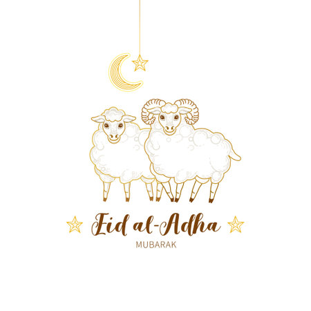 Vector illustration for muslim holiday Eid al-Adha. Gold card with arabic decoration, sheeps, golden geometric frame, crescent, stars, calligraphy for sacrifice celebration. Islamic, Eastern style.のイラスト素材