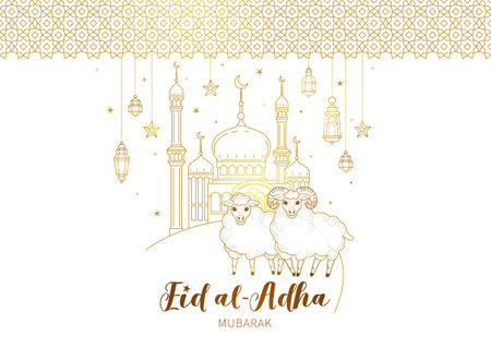 Vector illustration for muslim holiday Eid al-Adha. Gold card with arabic decoration, sheep, mosque, golden geometric frame, calligraphy for happy sacrifice celebration. Decoration in Eastern style.のイラスト素材