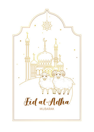 Vector illustration for muslim holiday Eid al-Adha. Gold card with arabic decoration, sheep, mosque, golden arch, calligraphy for happy sacrifice celebration. Decoration in Islamic, Eastern style.のイラスト素材