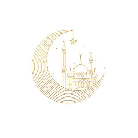 Vector arabic illustration for Ramadan Kareem greetings. Muslim gold card with line art crescent, golden mosque, star for happy celebration. Islamic decoration in Eastern style.のイラスト素材