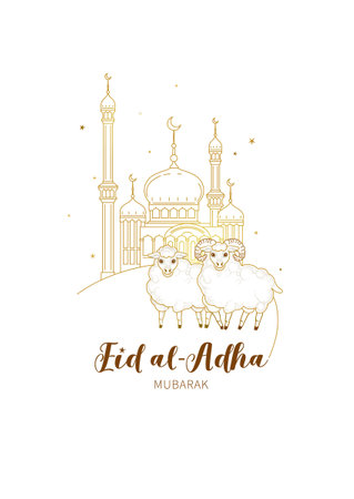 Vector illustration for muslim holiday Eid al-Adha. Gold card with arabic decoration, sheep, golden mosque, calligraphy for happy sacrifice celebration. Decoration in Islamic, Eastern style.のイラスト素材