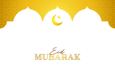Vector Eid Mubarak pre-made card. Vintage banner, template with gold crescent moon, calligraphy, stars, golden arch. Place for text. Islamic background for Muslim feast of the holy of Ramadan month.のイラスト素材