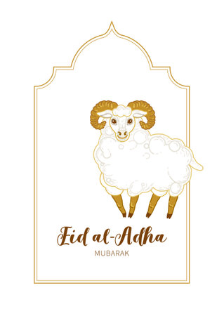 Vector illustration for muslim holiday Eid al-Adha. Gold cards with arabic decoration,sheep, golden outline frame, calligraphy for happy sacrifice celebration. Decoration in Eastern style. islamic illustration.のイラスト素材