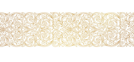 Floral gold decoration, frame, seamless border. Arabic and Eastern motifs. Ornate illustration, flower garland, wreath. Outline, line art, elements. Golden leaves, curles for invitations, cards, backdrop.のイラスト素材