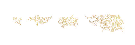 Floral gold decoration, border, vignettes. Arabic and Eastern motifs. Ornate illustration, flower garland, wreath. Outline, line art, elements. Golden leaves, curles for invitations, cards, backdrop.のイラスト素材