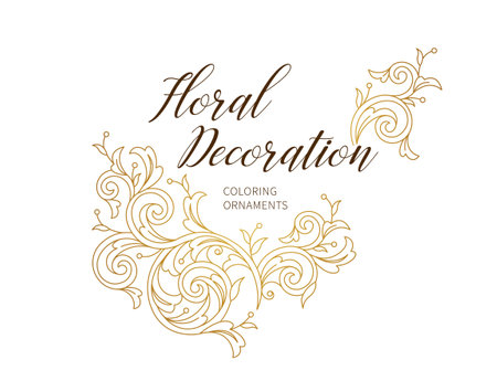 Floral gold decoration, vignette. Arabic and Eastern motifs. Ornate illustration, flower garland, wreath. Outline, line art, elements. Golden leaves, curles for invitations, cards, backdrop.のイラスト素材