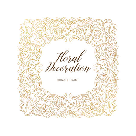 Floral gold decoration, square frame, ornamental border. Arabic and Eastern motifs. Ornate illustration, flower garland. Isolated line art ornaments. Golden ornament with leaves, curls for invitations, cards.のイラスト素材