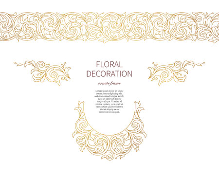 Floral gold ornaments, decoration, frame, vignettes, seamless border. Arabic and Eastern motifs. Ornate ornamental illustration, flower garland, wreath. line art ornament. Golden leaves, curls for invitations, cards.のイラスト素材