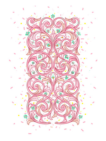 Floral summer vignette. Eastern motifs. Vibrant pink illustration, flower garland. coral color element. spring leaves and flowers. floral border. Decoration for invitations, cards, backgrounds.のイラスト素材