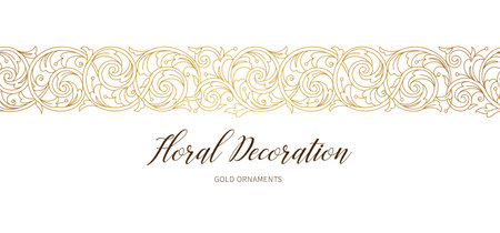 Floral gold decoration, frame, seamless border. Arabic and Eastern motifs. Ornate illustration, flower garland, wreath. Outline, line art, elements. Golden leaves, curles for invitations, cards, backdrop.のイラスト素材