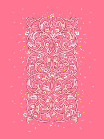 Floral summer decoration, vignette. Eastern motifs. Bright vibrant pink illustration, flower garland. coral color element. spring leaves and flowers.のイラスト素材