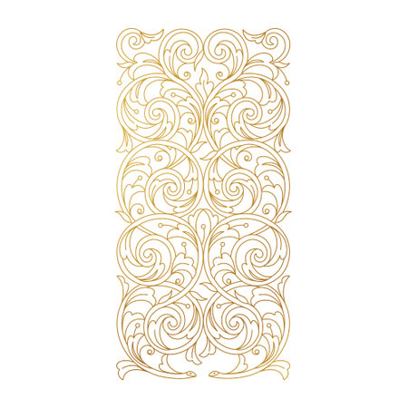 Floral gold decoration, border, vignettes. Arabic and Eastern motifs. Ornate illustration, flower garland, wreath. Outline, line art, elements. Golden leaves, curles for invitations, cards, backdrop.のイラスト素材