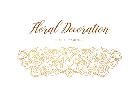 Floral gold decoration, border, vignettes. Arabic and Eastern motifs. Ornate illustration, flower garland, wreath. Outline, line art, elements. Golden leaves, curles for invitations, cards, backdrop.のイラスト素材