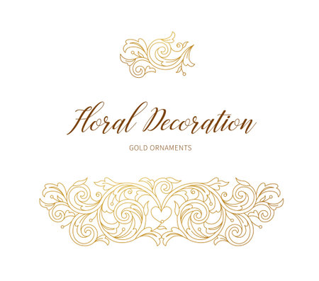 Floral gold decoration, border, vignettes. Arabic and Eastern motifs. Ornate illustration, flower garland, wreath. Outline, line art, elements. Golden leaves, curles for invitations, cards, backdrop.のイラスト素材