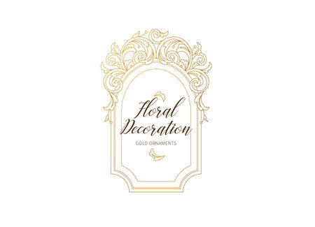 Floral gold decoration, frame, ornate border. Arabic and Eastern motifs. Ornate illustration, flower garland, wreath. outline elements. Golden leaves, curls for invitations, cards, background.のイラスト素材