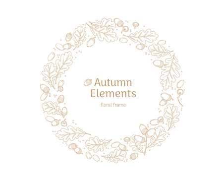 Vector round frame with autumn oak leaves, acorns. Pattern in line art style, isolated. Outline, linear vintage drawing botanical illustration. Autumn leaves, elements for design templateのイラスト素材