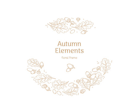 Vector frame, decoration with autumn oak leaves, acorns. Pattern in line art style, isolated. Outline, linear vintage drawing botanical illustration. Autumn leaves, elements for design templateのイラスト素材