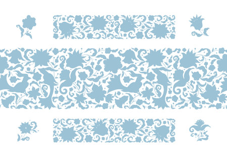 Vector corner elements, frame, seamless border, pattern, frieze, arabesque for design template. Floral ornament in Eastern style. Birds and flowers silhouette illustration. Ethnic ornamental decor for invitation, greeting card, ornaments background.のイラスト素材