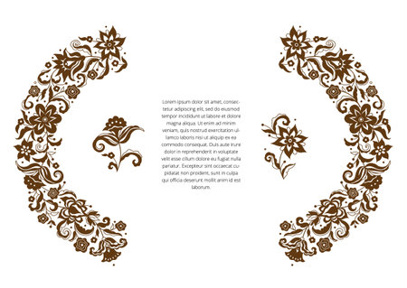 Vector floral semicircle frame, vignettes, border, card design template. Flower silhouette elements in Oriental style. Floral borders, flower illustration. Arabic ornaments.のイラスト素材
