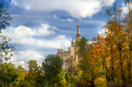 Golden autumn scene in park with wonderful skyの写真素材