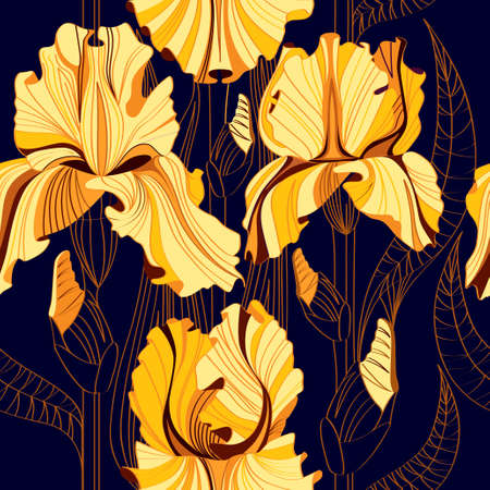 Floral pattern with spring flowers. Vector background with yellow irises.のイラスト素材