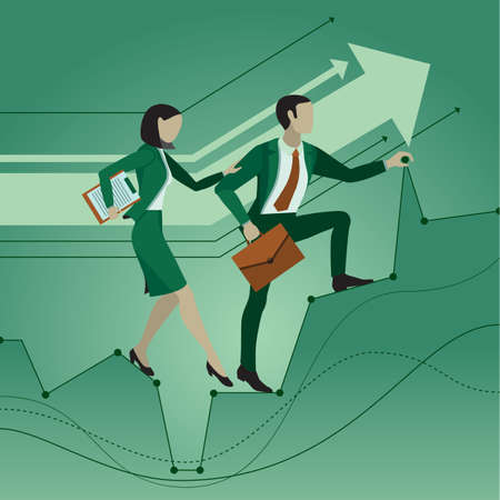 Office workers. Two employees help each other making their way to the goal, overcoming obstacles. Mutual assistance. Business concept.のイラスト素材