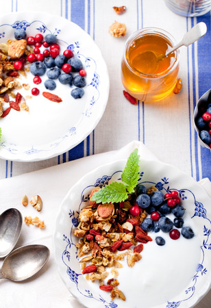 Healthy breakfast. Granola with honey, yogurt and fresh berriesの写真素材