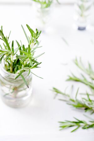 Fresh rosemary bound, and rosemary sprigs in a glass, on a white wooden background.の写真素材
