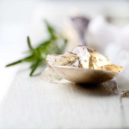 White wine jelly with rosemary and piece of cheese on a white wooden backgroundの写真素材
