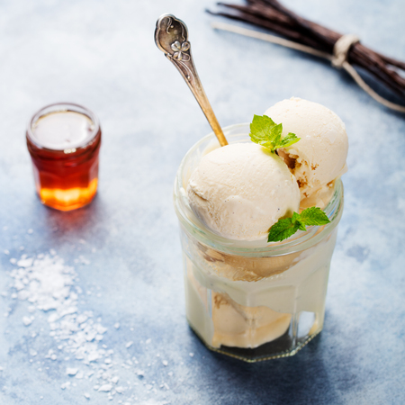 Vanilla Ice Cream with Mint in bowl Homemade Organic productの写真素材