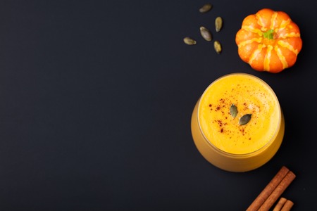 Pumpkin smoothie with pumpkin pie spices on a black slate stone background Top view. Copy spaceの写真素材