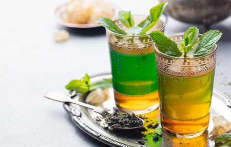 Mint, green tea Moroccan traditional drink. Copy spaceの写真素材