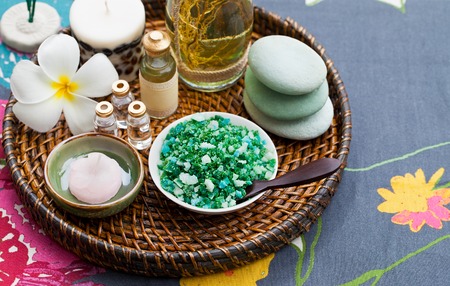Spa, heath care, wellness, massage set of essential oils, soap and sea saltの写真素材