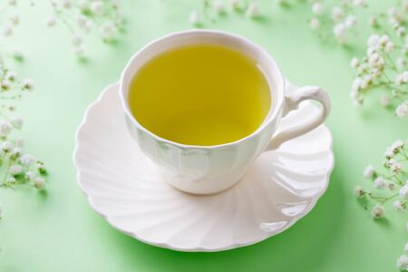 Green tea in a white cup with gypsophila flowers on green pastel background. Close up.の写真素材
