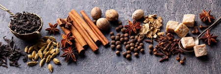 Spices for Indian masala tea. Grey background. Close up.