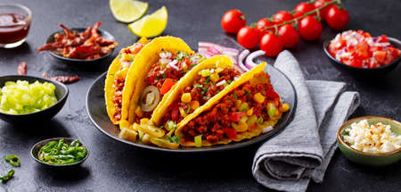 Taco with beef, Mexican traditional cuisine. Dark background. Close up.の写真素材