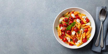 Pasta penne with roasted tomato, sauce, mozzarella cheese. Grey background. Copy space. Top view.の写真素材