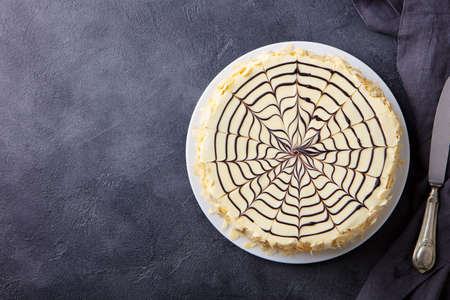 Traditional Hungarian Esterhazy cake, torte. Grey background. Copy space. Top view.
