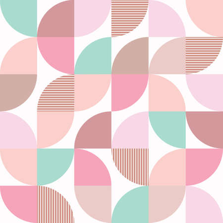 Retro half-circles vector seamless pattern in mint, pink and beige colors on white background. Fresh elegant geometric pattern. Retro abstract style. Perfect for wallpapers, backgrounds, textile, scrapbooking and gift wrap.のイラスト素材