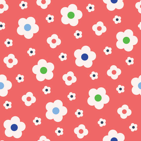 Retro Style Simple White Flowers on Coral Red Background Vector Seamless Pattern. Clean Abstract...