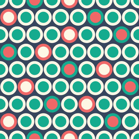 Retro Mod Vector Seamless Polka Dot Pattern in red, green, cream on dark blue background. Stylish Classic Printのイラスト素材