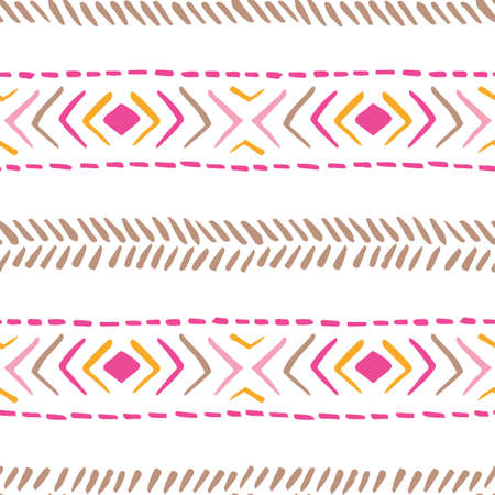 Hand drawn tribal stripes, stitches on white background vector seamless pattern. Fresh abstract...