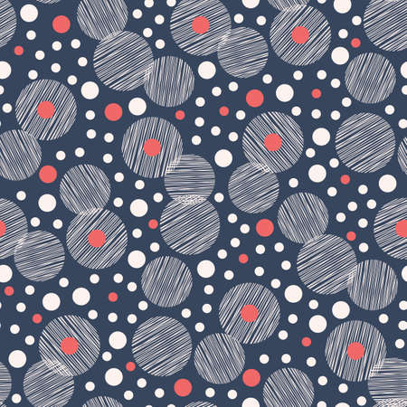 Retro Mod Style Vector Seamless Pattern with Textured Circles on Navy Blue Background. Stylish...