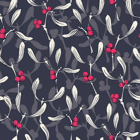 Rustic Hand Drawn Mistletoe Vector Seamless Pattern. Christmas Foliage Line Drawing on Dark Backgroundのイラスト素材