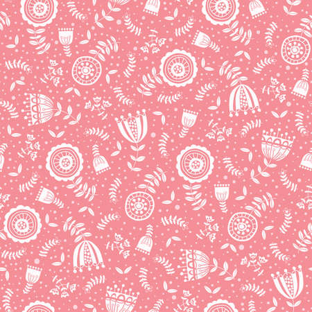 Folk White Flowers on Pink Background Vector Seamless Pattern. Florals Texture. Hand-drawn blooms, doodle floraのイラスト素材