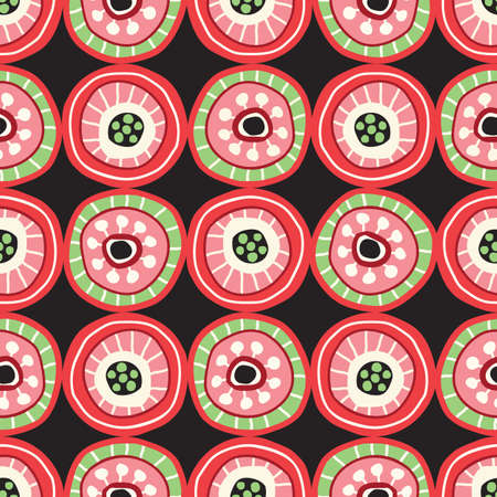 Colorful Folk Circle Mosaic on DArk Background Vector Seamless Pattern. Bold hand-drawn geometric...