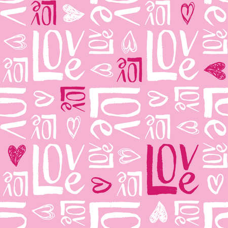 Hand Written Valentines Day Typography vector seamless pattern. Hand Drawn Doodle Hearts and Word Love. Cute Graffityのイラスト素材