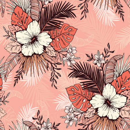 Living Coral Tropical Exotic Foliage and Hibiscus Floral Vector Seamless Pattern. Ink line Drawing Background.のイラスト素材