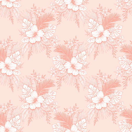 Monochrome Vintage Coral Tropical Exotic Foliage and Hibiscus Floral Vector Seamless Pattern. Line Drawing Background.のイラスト素材